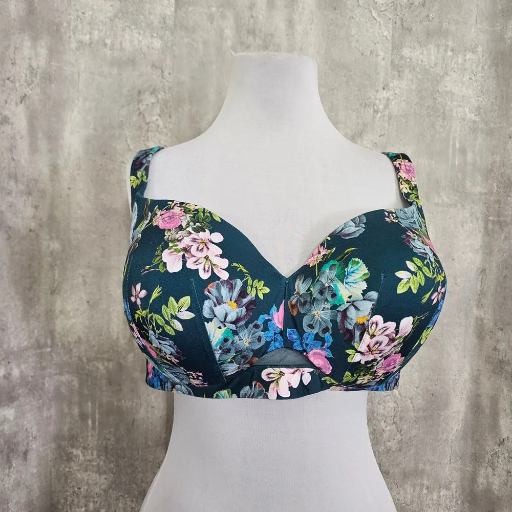 Cacique 46DD Lightly Lined‎ Balconette Floral Underwire Bra Teal Pink Blue